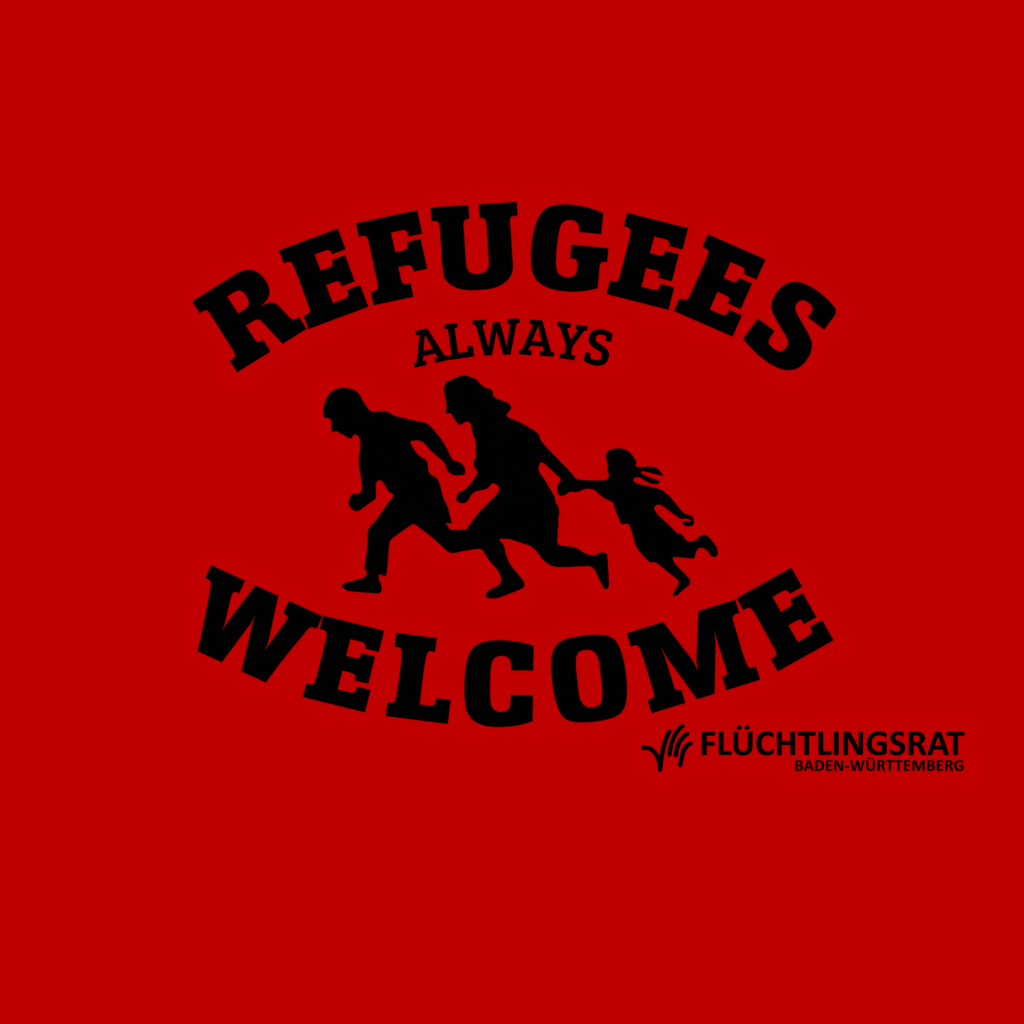 Motiv Refugees always welcome Umriss rennende Familie auf rotem Hintergrund